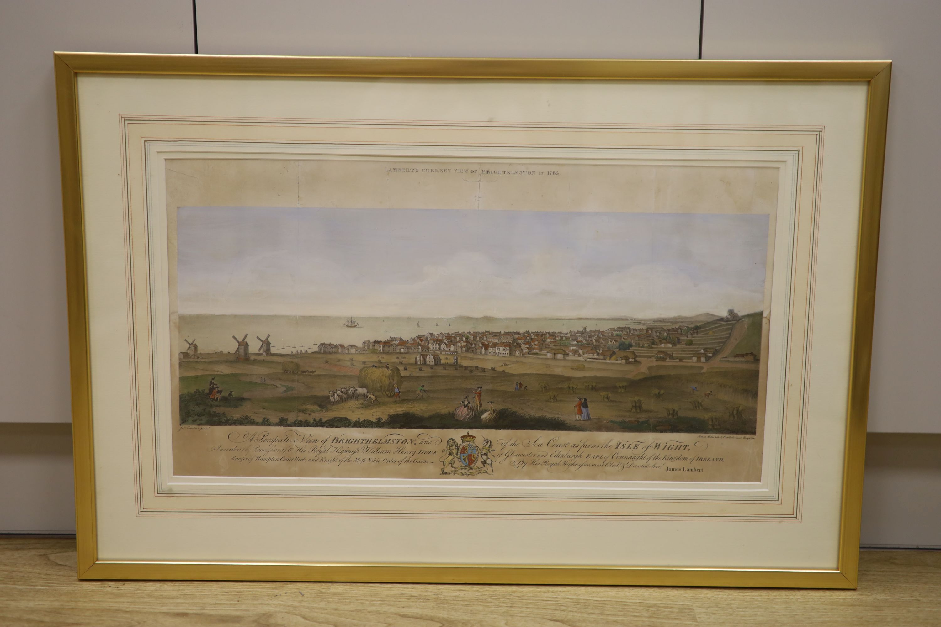 After James Lambert (1725-1788), coloured lithograph, 'A Perspective View of Brighthelmston, and of the Sea Coast as far as the Isle o